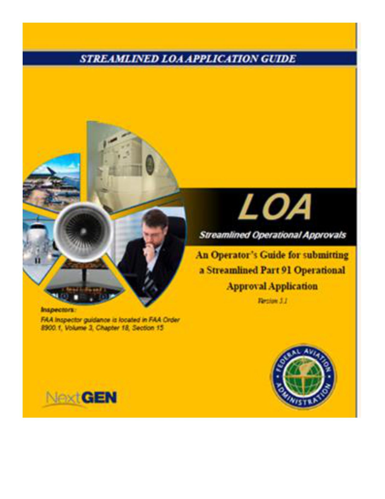 Yellow cover of the "LOA Streamlined Operational Approvals" guide, featuring images of aviation equipment and a professional reviewing documents.