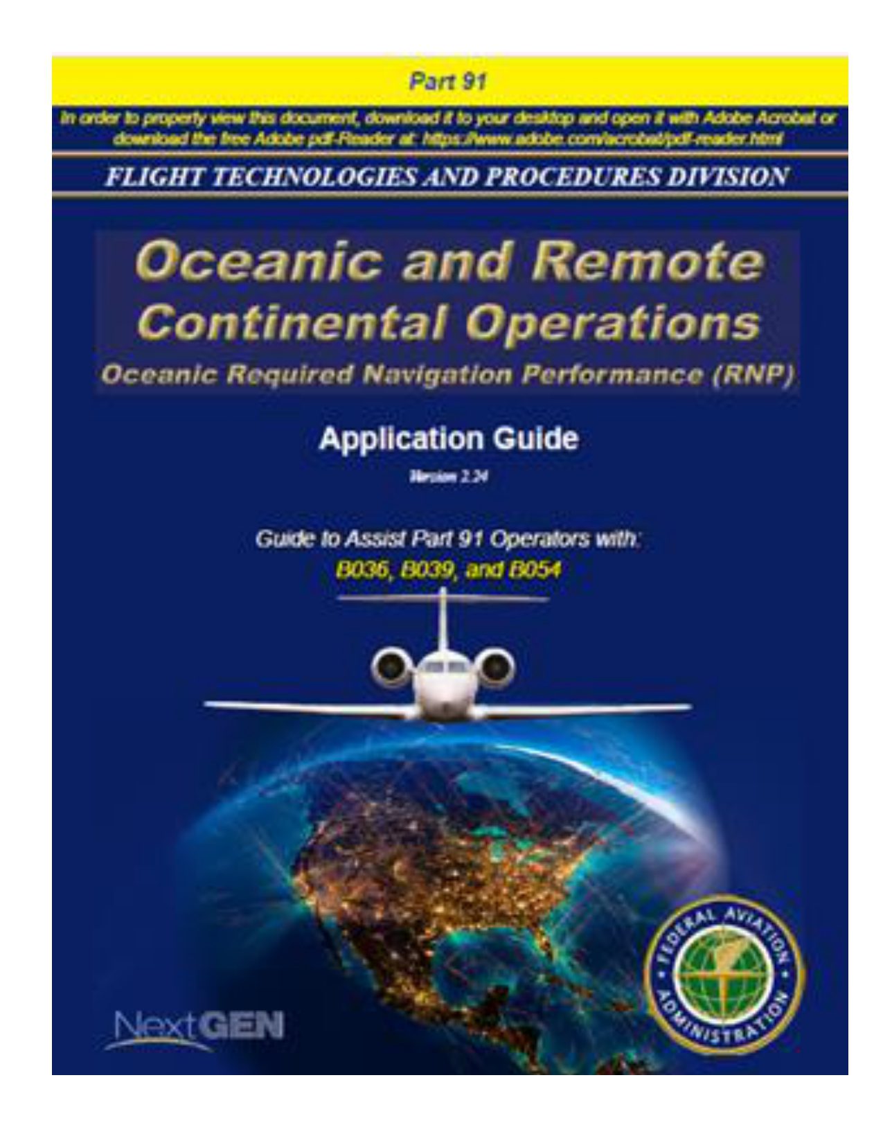 Guide cover for Oceanic and Remote Continental Operations, detailing navigation performance requirements for aviation. Includes an aircraft above a nighttime globe and FAA logo.