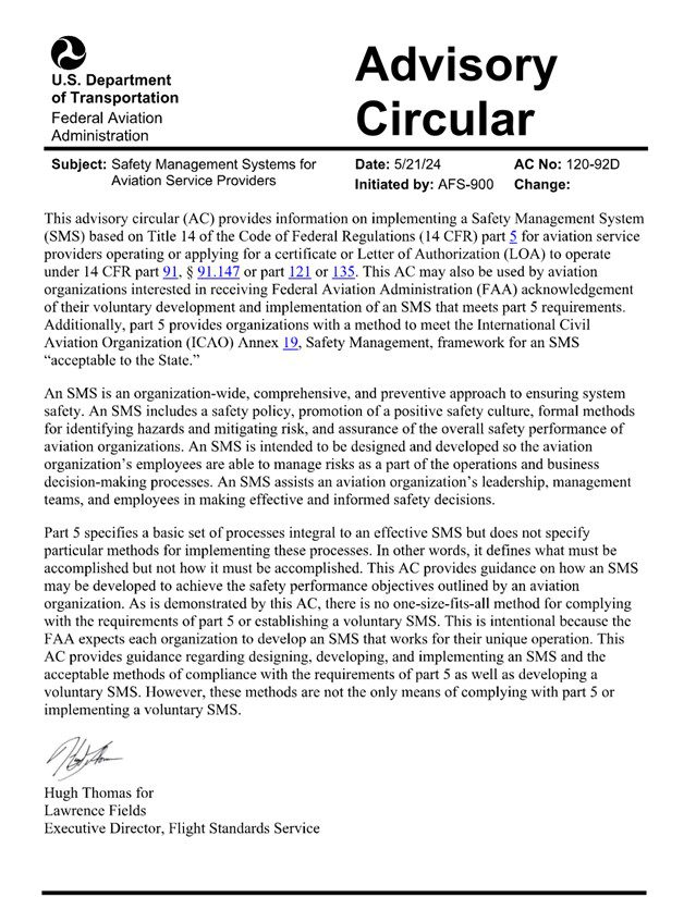 Advisory Circular from the U.S. Department of Transportation detailing Safety Management Systems for aviation service providers, emphasizing compliance and safety protocols.