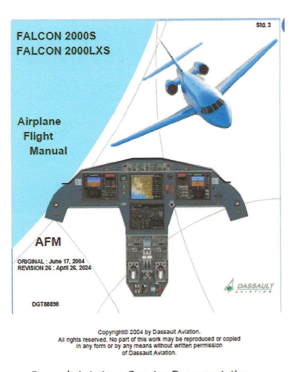 Falcon 2000S and 2000LXS airplane flight manual cover featuring an illustration of the aircraft in flight above cockpit instruments.