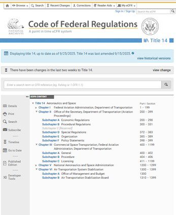 Regulatory updates for Title 14 of the Code of Federal Regulations displayed on a website interface, highlighting recent changes and sections related to aeronautics and space.